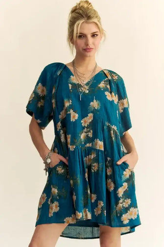 Davi & Dani Floral Print Short Bell Sleeve Pleated Mini Dress Teal Blue Casual Dresses