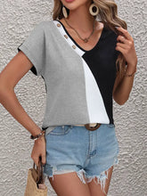 Ivy Lane Color Block Decorative Button V-Neck Tee Woman T Shirts