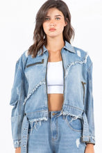 American Bazi Full Size Distressed Frayed Edge Zip Up Denim Jacket Plus Size Woman Outerwear