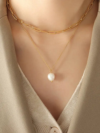 Freshwater Pearl Titanium Steel Double-Layered Necklace Gold One Size
