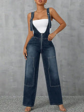 Dark wash wide strap denim overalls with front zipper and pockets