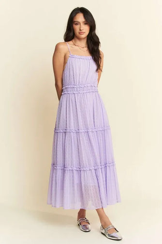 Davi & Dani Texture Swiss Dot Ruffle Square Neck Midi Dress Lavender