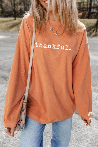 THANKFUL Round Neck Long Sleeve Sweatshirt Orange