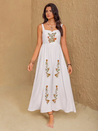 Floral Embroidered Sleeveless Maxi Dress White
