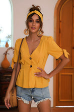 Buttoned V-Neck Short Sleeve Blouse Woman Blouses