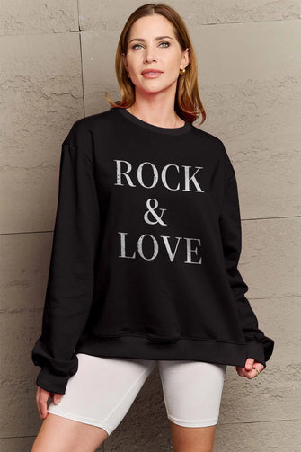 Simply Love Full Size ROCK ＆ LOVE Round Neck Sweatshirt Black Woman Sweatshirts