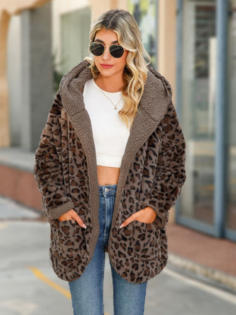 Leopard Hooded Coat with Pockets Chestnut