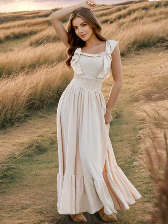 Ruffled Smocked Square Neck Maxi Dress Beige