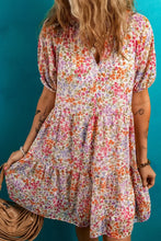 Floral Puff Sleeve Notched Tiered Mini Dress