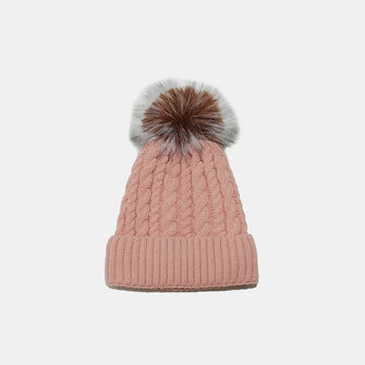 Cable Knit Winter Hat with Pompom Dusty Pink One Size