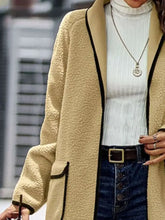 Full Size Contrast Trim Long Sleeve Coat with Pockets Woman Outerwear