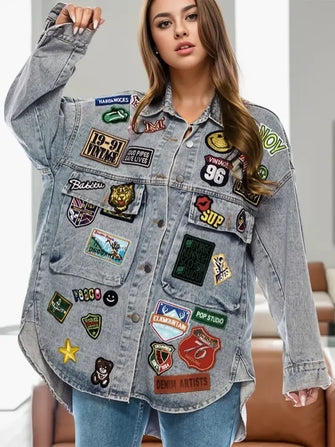 Embroidered Patch Button Up Long Sleeve Denim Jacket Medium Casual Dresses