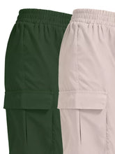 Dark green and beige 2 piece elastic waist cargo pants with flap pockets and elastic waistbands for casual wear
