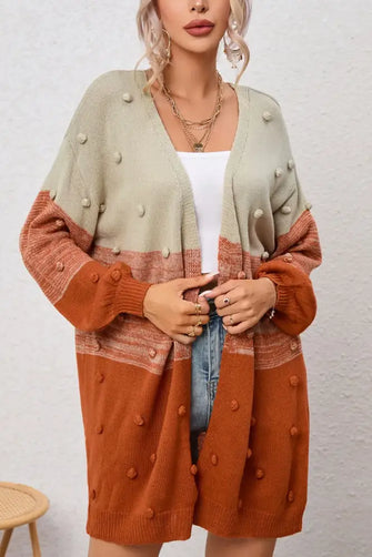 Pompom Color Block Open Front Cardigan Caramel Woman Outerwear