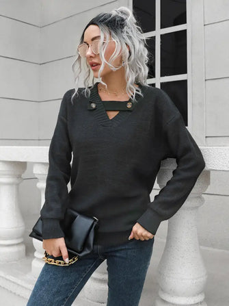 Dropped Shoulder Button Detail Sweater Black Sweater Pullovers