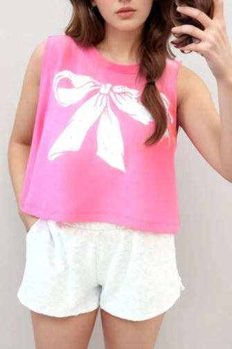 Bow Print Boxy Fit Tank Top Fuchsia Pink