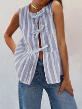 Tied Striped Round Neck Tank Light Blue Tanks & Camis