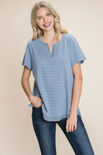 Cotton Bleu by Nu Lab Slit Striped Notched Short Sleeve T-Shirt Denim
