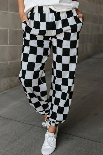 Checkered Elastic Waist Joggers Black