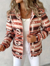 Geometric Zip Up Long Sleeve Hooded Jacket Brown