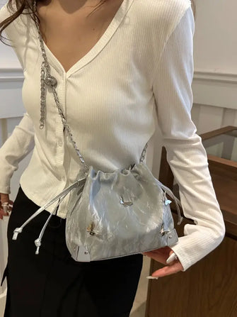 Butterfly Drawstring Bucket Bag Gray One Size Shoulder Bags