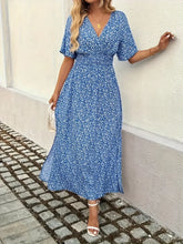 Slit Ditsy Floral Surplice Short Sleeve Maxi Dress