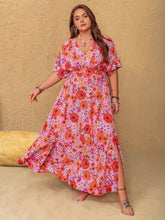 Plus Size Slit Floral V-Neck Half Sleeve Maxi Dress Fuchsia Pink