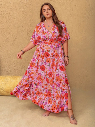 Plus Size Slit Floral V-Neck Half Sleeve Maxi Dress Fuchsia Pink
