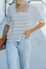 Striped Half Puff Sleeve Square Neck T-Shirt Stripe Woman T Shirts