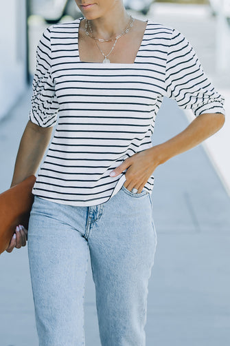 Striped Half Puff Sleeve Square Neck T-Shirt Stripe