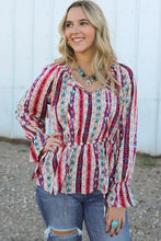 Multicolour Western Print Split Neck Peplum Blouse Multicolor Woman Blouses