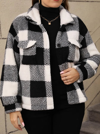 Plus Size Pocketed Plaid Collared Neck Jacket Black