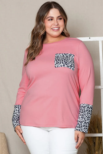 Plus Size Leopard Round Neck Long Sleeve T-Shirt Blush Pink