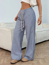 Blue and white drawstring striped wide leg pants with elastic waistband and matching drawstring for casual wear