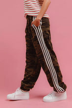 Bi bi side lines camouflage track pants velour joggers with bold white stripes and classic camouflage track pattern
