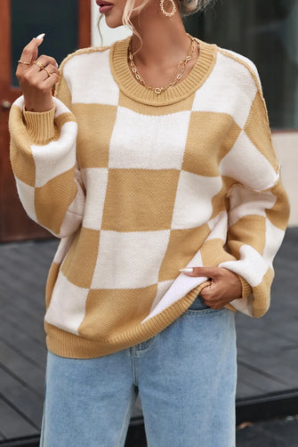 Checkered Exposed Seam Drooped Shoulder Sweater Tan