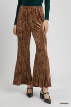 Umgee velvet pleated brown flare pants featuring wide leg design in soft velvet pleated wide fabric for stylish comfort