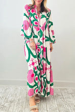 Printed Notched Long Sleeve Maxi Dress Pink Woman Maxi Dress