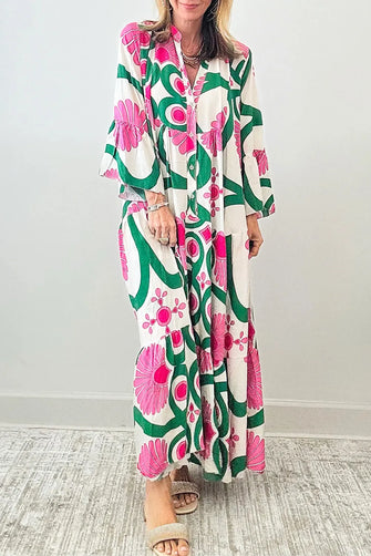 Printed Notched Long Sleeve Maxi Dress Pink Woman Maxi Dress