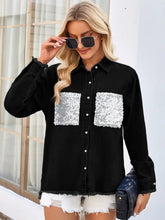 Raw Hem Button Up Long Sleeve Denim Jacket with Sequin Pockets Woman Outerwear