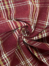 Plaid drawstring wide leg pants in rich maroon cotton blend with cream and mustard yellow textured stripes