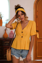 Buttoned V-Neck Short Sleeve Blouse Gold Woman Blouses
