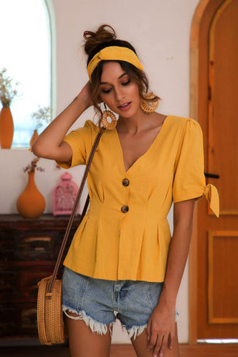 Buttoned V-Neck Short Sleeve Blouse Gold Woman Blouses