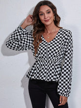 Checkered V-Neck Balloon Sleeve Peplum Blouse Woman Blouses