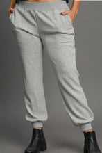 Gray heathered umgee knit joggers with high rise elastic waistband and cuffed ankles plus size with pockets