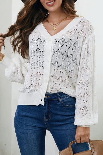 Openwork V-Neck Cardigan White