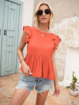 Ivy Lane Lace Detail Round Neck Peplum T-Shirt Orange