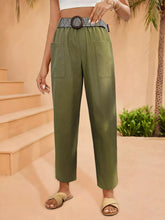Olive green high-waisted casual wide leg pants with two front pockets and patterned belt with circular buckle