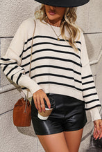 Striped Dropped Shoulder Round Neck Pullover Sweater Beige