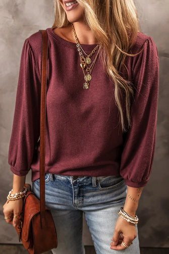 Round Neck Puff Sleeve T-Shirt Wine
